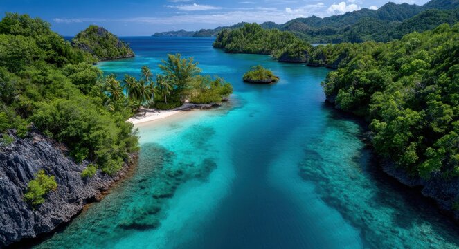 aerial view of ripa island in the western papua province, featuring turquoise waters and multiple islands with lush greenery.