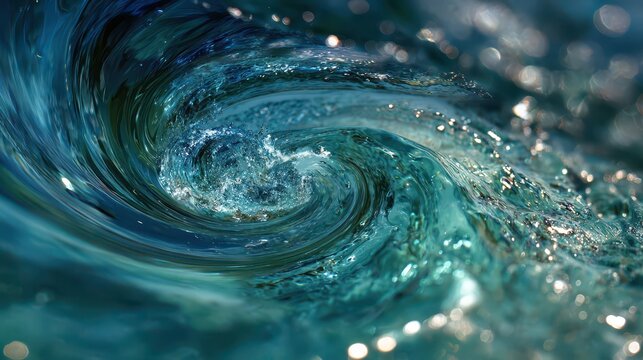 Macro shot of a liquid vortex: serene, blue-toned swirling water pattern