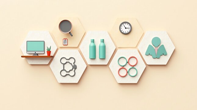 Minimalist hexagon icons of productivity tools and workplace essentials on beige background for business design.