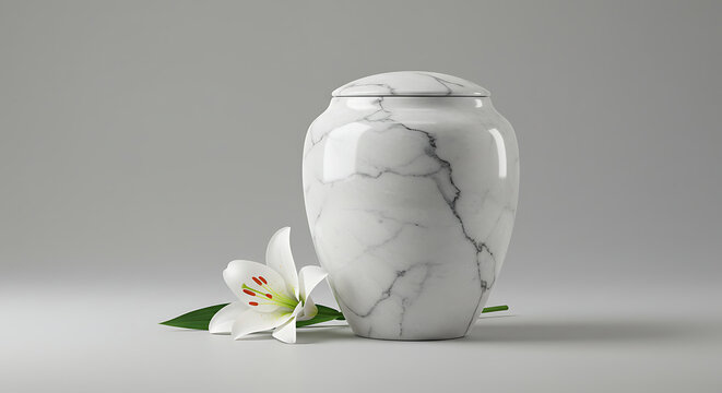 White marble cremation urn with lid and single white flower on soft background, symbolising remembrance, funeral service and memorial tribute, ideal for cremation brochures, funeral home websites