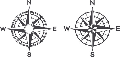 Detailed black and white vector set of vintage compass rose icons for navigation, travel, adventure, direction, and geographical map concepts © Majnur