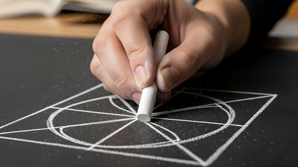 Close-up of a hand drawing geometric shapes on blackboard for Knowledge Day