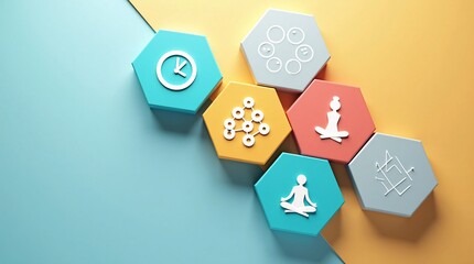 Hexagon tiles with icons for time, social connection, mindfulness, yoga, and planning on teal-yellow background.