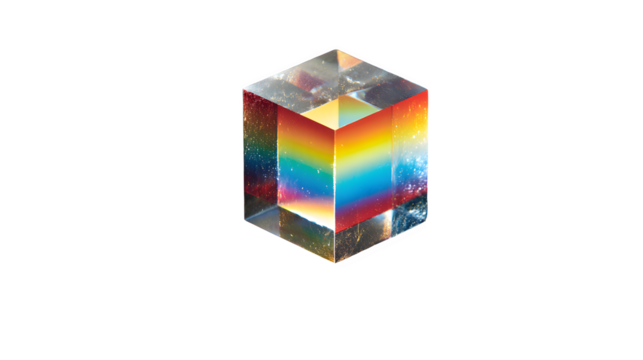 A clear cube refracting light into a spectrum of colors against a black background in studio shot - Powered by Adobe