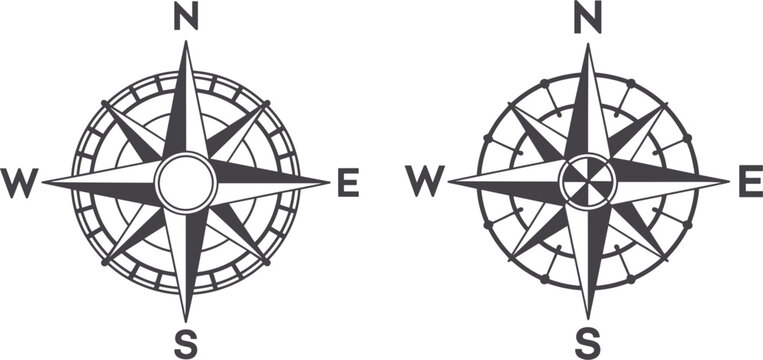 Detailed black and white vector set of vintage compass rose icons for navigation, travel, adventure, direction, and geographical map concepts