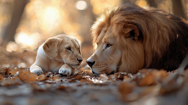 A majestic lion and a dog cub rest together in a forest setting, bathed in warm sunlight, creating a heartwarming scene.