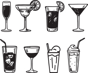 Collection of Hand-Drawn Cocktail and Beverage Glasses