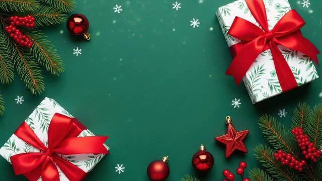 Festive christmas arrangement with gifts ornaments and greenery on a green background view from above