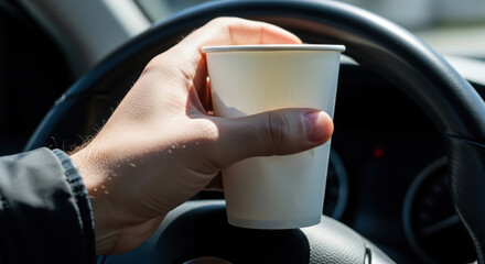 Hand holding a disposable cup while driving a car, showcasing the blend of daily life and convenience in a modern automotive environment