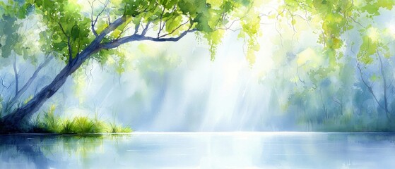 Fototapeta premium A watercolor painting depicts a tree overhanging a lake, with sunlight streaming through the leaves, creating a serene and peaceful atmosphere.