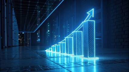 A glowing bar graph represents growth and progress in a modern, urban setting, emphasizing data and technology at night.