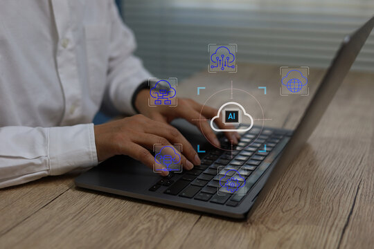 AI cloud computing concept with person typing on laptop,Modern digital technology, data intelligence artificial processing and machine learning integration for innovative business solutions - Powered by Adobe