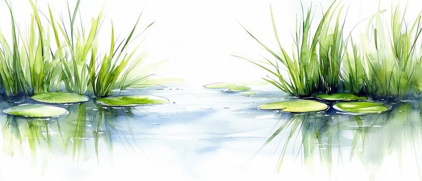 Watercolor painting of a pond with lily pads, tall green grass, and reflections. The scene evokes a sense of tranquility and peace. - Powered by Adobe