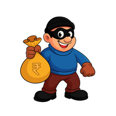Smiling Cartoon Thief Holding a Bag of Money with Indian Rupee Symbol, ideal for security, scams, banking, illegal activities, or business risks.