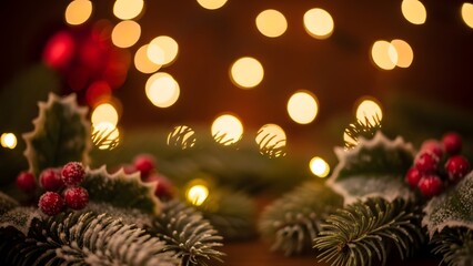 Festive christmas arrangement with bokeh lights, holly leaves and red berries on display
