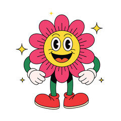 Cheerful groovy flower cartoon mascot with a smiling face, Retro Mascot Design in 70s Psychedelic Style Vector Illustration