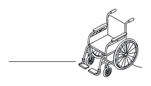 Detailed line drawing of a wheelchair presented in isometric perspective, perfect for use in medical or accessibility related visual projects and resources.