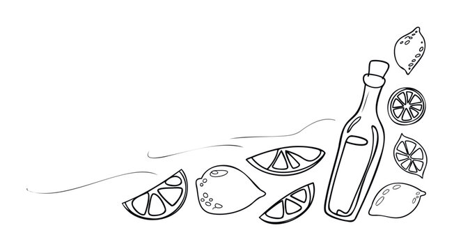 Hand drawn outline of a bottle and lemons with slices scattered, perfect for summer beverage and food related concepts