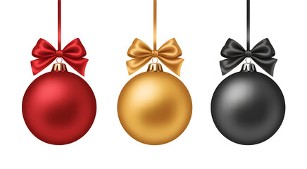 Three hanging christmas tree ornaments in red, gold, and black isolated on transparent background