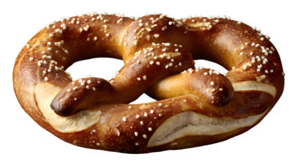 A close up studio shot of a single pretzel with salt crystals on a black background for food photography