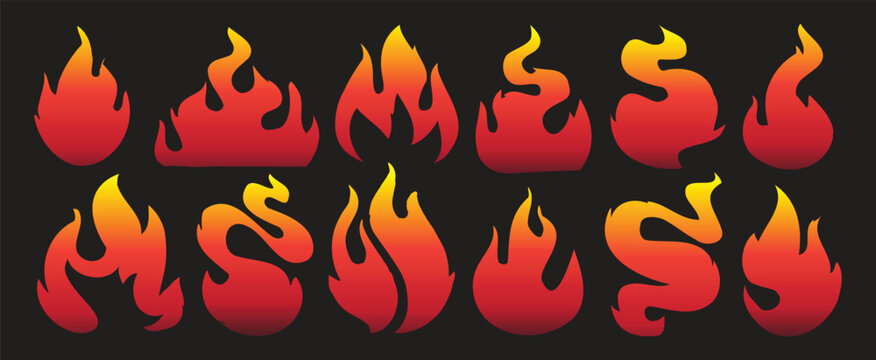 Collection of vibrant red and yellow flame icons in bold stylized shapes. Dynamic fire symbols designed for decoration, labels, and graphic projects. Perfect for energy themes, hot effects,
