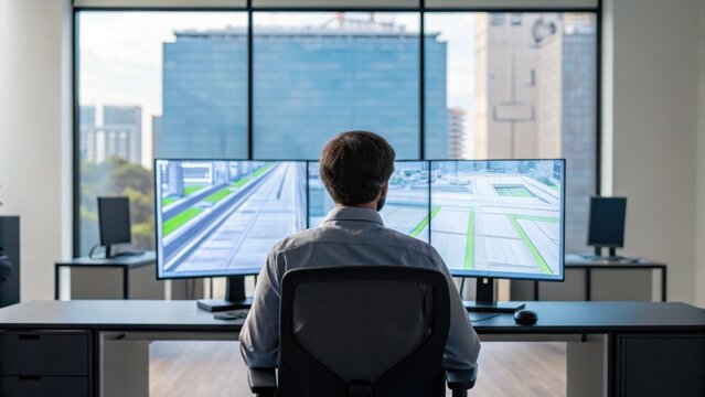 A person working at a desk with multiple monitors, focused on a digital design, in a modern office setting with a city view.