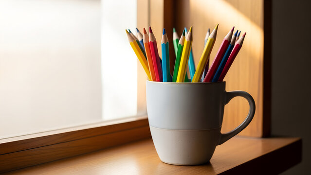 Colorful pencils in white mug on wooden windowsill representing Knowledge Day