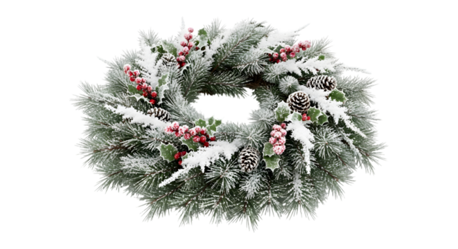Frosted christmas wreath with pinecones and berries isolated on transparent background - Powered by Adobe