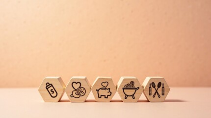 Wooden hexagon blocks with icons for baby feeding, hygiene, comfort, and savings on pink background.