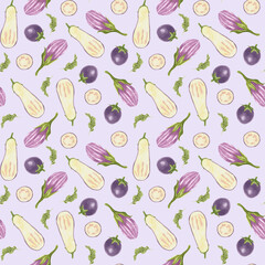 Colorful pattern of eggplants and vegetables on a light purple background in a vibrant design