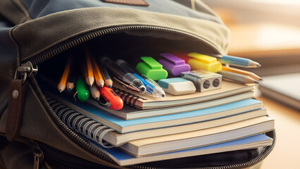 Close-up of backpack filled with stationery and notebooks for Knowledge Day  
