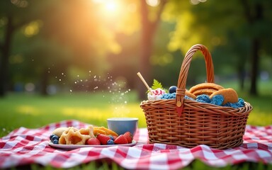 Sparkling independence day gathering in the park. festive Fourth of July picnic in the park featuring a checkered blanket, picnic basket filled with goodies, and vibrant patriotic decorations.