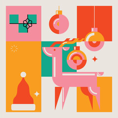 Bright Color Merry Christmas Modern Minimalist Geometric Design with Santa Hat, Reindeer, Decorations and Gifts. Vector Illustration.