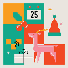 Bright Color Merry Christmas Modern Minimalist Geometric Design with Santa Hat, Reindeer, Decorations and Gifts. Vector Illustration.