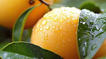 Close-up of a vibrant orange fruit covered in water droplets, nestled among lush green leaves, creating a fresh and natural scene.