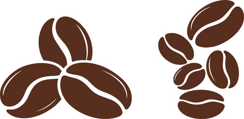 Brown vector icon set of multiple groups of roasted coffee beans showing detailed texture for caffeine, beverage, breakfast, and cafe menu design isolated on white