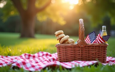 Sparkling independence day gathering in the park. festive Fourth of July picnic in the park featuring a checkered blanket, picnic basket filled with goodies, and vibrant patriotic decorations.