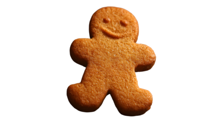 A single gingerbread man cookie isolated on a black background with a smiling face and rounded edges