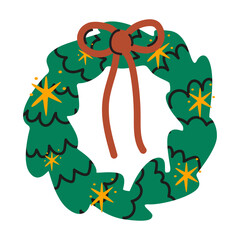 Cute Christmas door green wreath in cartoon doodle style. Festive wreath with bow ribbon for winter holiday decoration. Xmas holiday element. Seasonal vector illustration