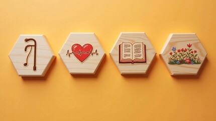 Wooden hexagon tiles with icons for guidance, health, knowledge, and nature on orange background. Ideal for community, education, and wellness.