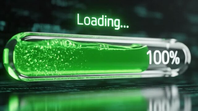 Digital loading bar progress indicator with green bubbling liquid in a futuristic test tube at 50 percent
