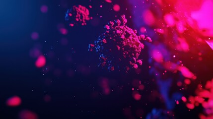 A vibrant, abstract depiction of viruses or microorganisms against a dark background, featuring glowing particles throughout.