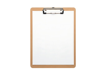 A blank white sheet of paper is securely held on a wooden clipboard with a silver clip against a black background