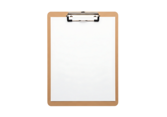 A blank white sheet of paper is securely held on a wooden clipboard with a silver clip against a black background