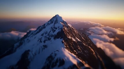 A majestic mountain peak towers above the clouds at sunset, with snow-covered slopes and rugged terrain illuminated by warm orange and blue skies.