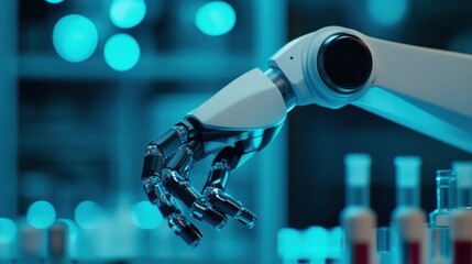 A sleek robotic arm reaches out against a backdrop of blurred glass containers illuminated by cool blue lights, evoking a high-tech lab environment.
