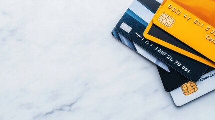A stack of colorful credit and debit cards arranged on a smooth white marble surface.
