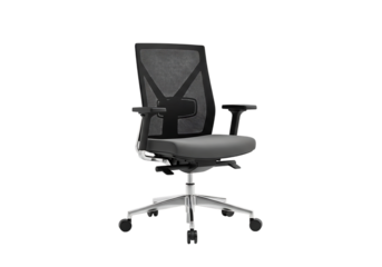 Modern ergonomic office chair with adjustable armrests and lumbar support on a black background