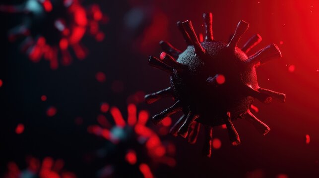 A close-up of a spherical virus with spike-like structures, featuring a dark background and red highlights.