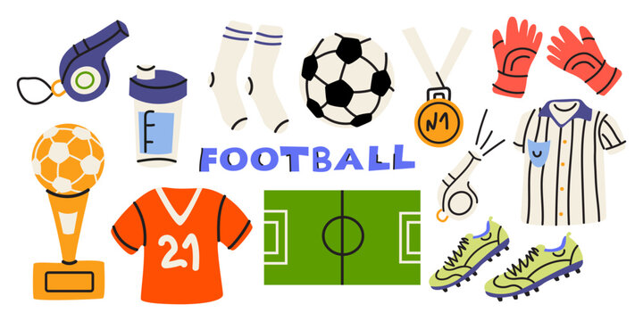 Football elements set in cartoon doodle style. Sports equipment, soccer ball, sports uniform, winning cup, soccer shoes, ball, soccer field. Sports stickers, labels, icons